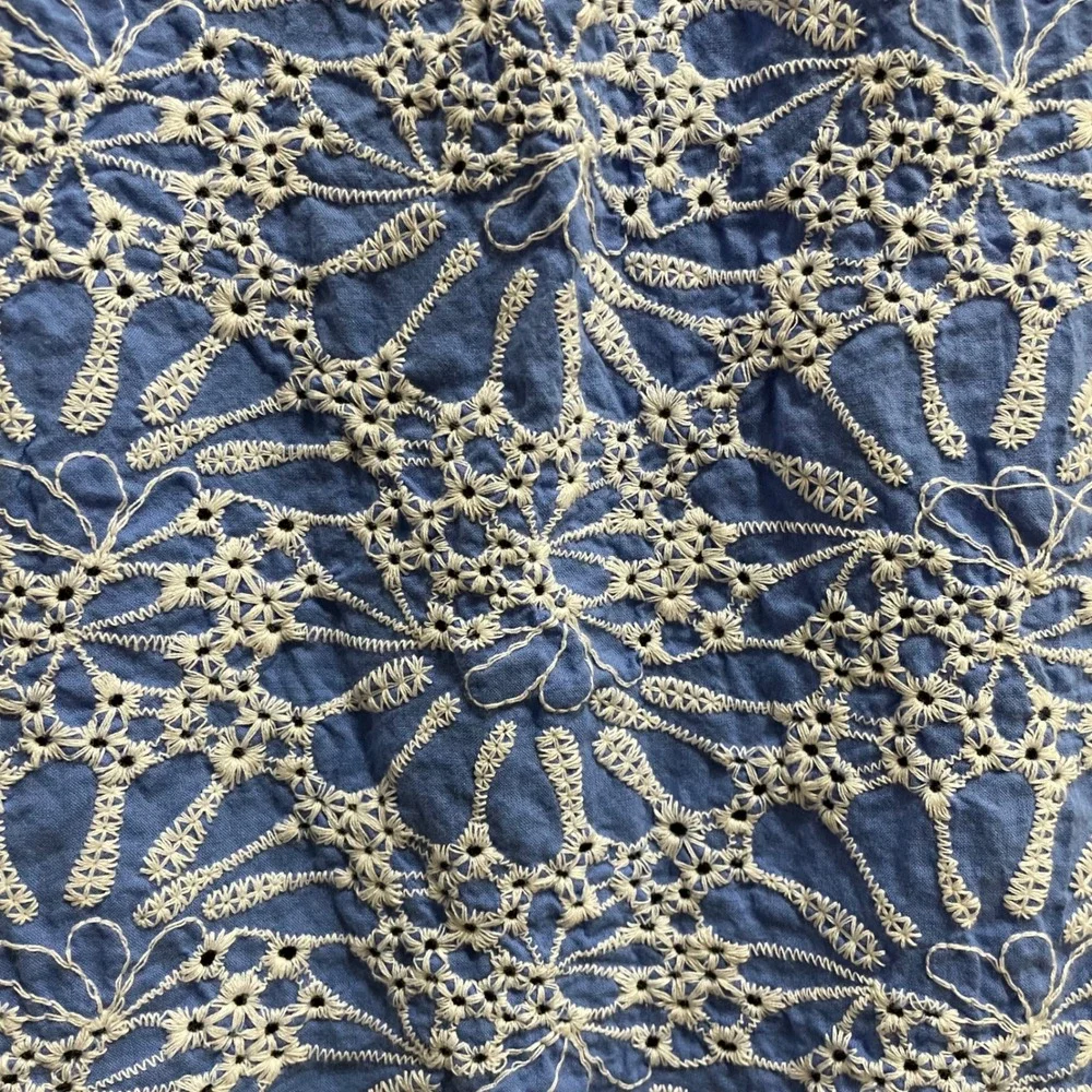 LOFT  Eyelet Puff Sleeve Top Blue White Square Neck Shirt Cottage Coquette Small
